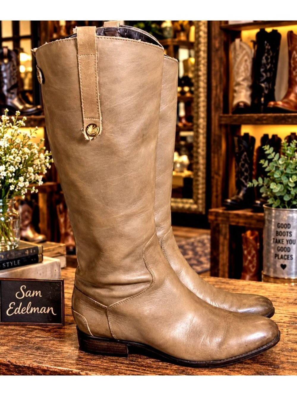 Sam Edelman Penny Tan Distressed Leather Riding Boots Womens US Size 8 8M